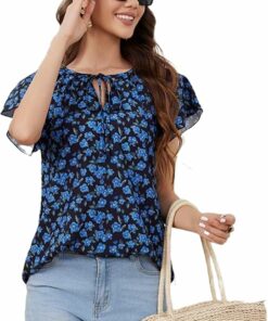 Blue Floral Casual Short Sleeve Top IW17