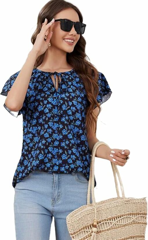 Blue Floral Casual Short Sleeve Top IW17