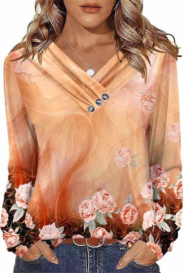 Orange Floral V Neck Shirt IW27
