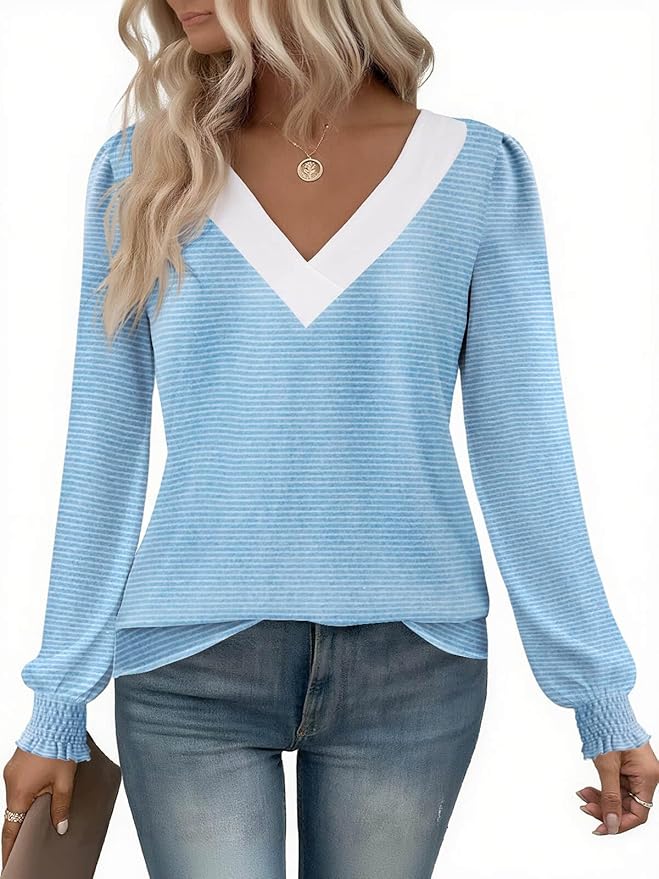 Women V Neck Striped Shirt IW37