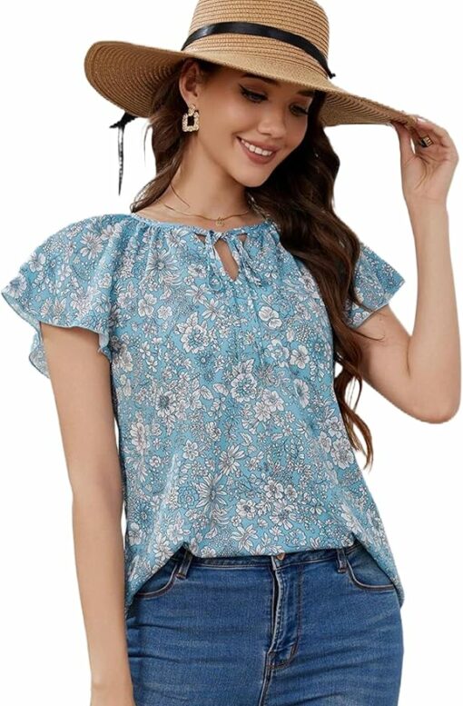 Women's Blue Floral Short Sleeve Top IW16