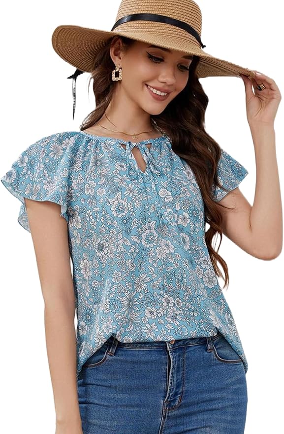Women's Blue Floral Short Sleeve Top IW16