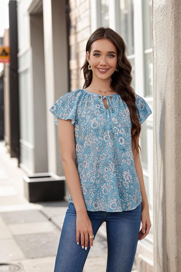 Women's Blue Floral Short Sleeve Top IW16 - Image 2